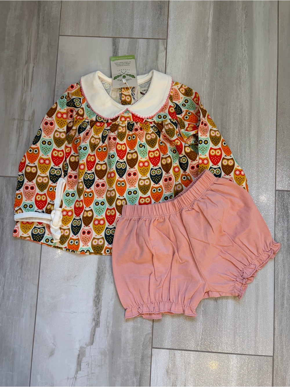NWT The Oaks Apparel Co Colorful Modern Owl Shirt & Bubble Shorts Set Girls 18M
